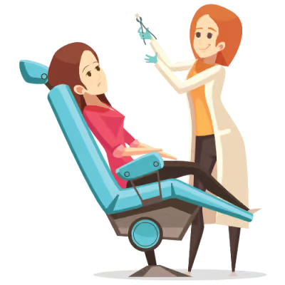 A cartoon illustration depicts a female dentist examining a patient in a dental chair.