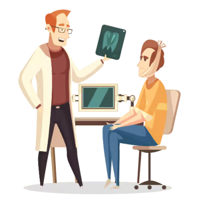 A cartoon illustration depicts a male scientist standing at a desk with a microscope, assisting a seated man who appears to be a patient, possibly in a medical setting.