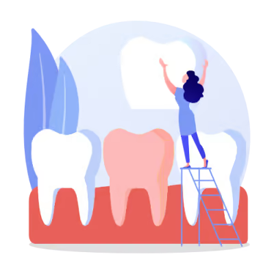 The image depicts a person standing on a ladder, painting a tooth on a wall with a backdrop of other teeth and a window.