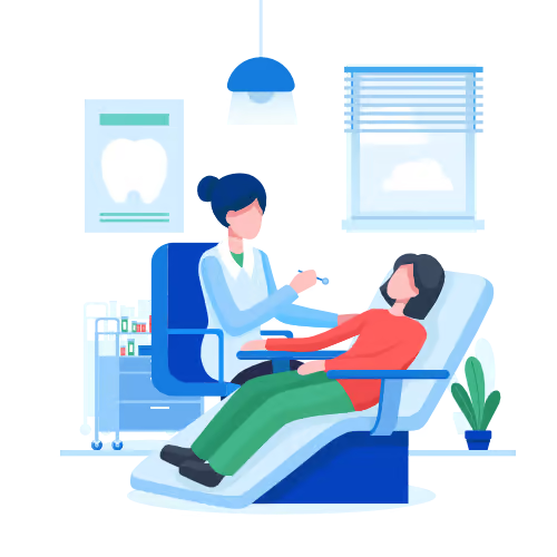 A digital illustration depicts a dental clinic scene with a dentist and patient, where the dentist is seated at a desk and the patient is seated in a chair, both are wearing masks.