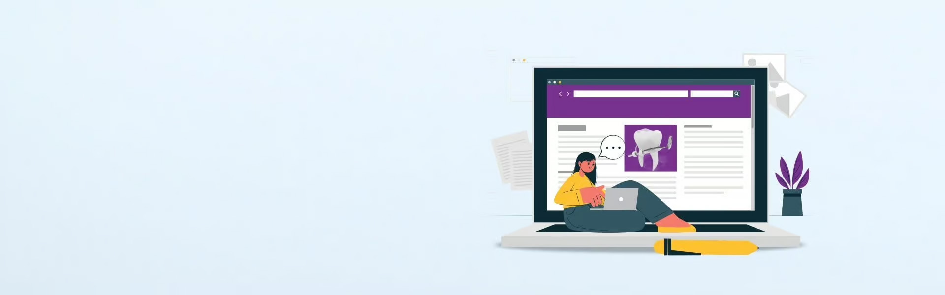 The image depicts a computer screen displaying a webpage with a purple header and various content sections visible on a monitor, placed on a desk with other items such as a keyboard, mouse, and a cup of coffee, suggesting an office environment.