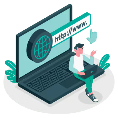 The image depicts a digital illustration featuring a person sitting on a laptop with a globe symbolizing the internet superimposed over their head, accompanied by a speech bubble containing the text  https   www.  in front of a large screen displaying the same web address.
